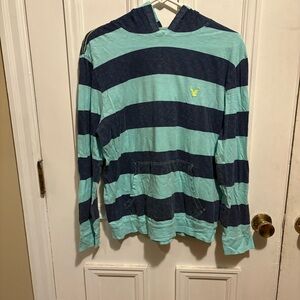 American Eagle Outfitters Navy and Aqua Striped Hooded T-Shirt Medium